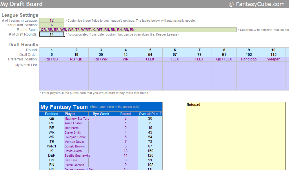 Excel 10 Team Fantasy Football Draft Board - Editable